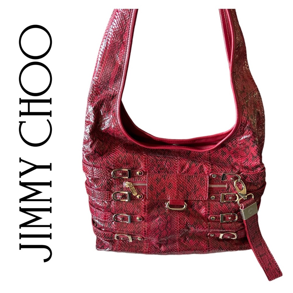 Jimmy Choo Red Snakeskin-Texture Shoulder Bag with Gold Hardware